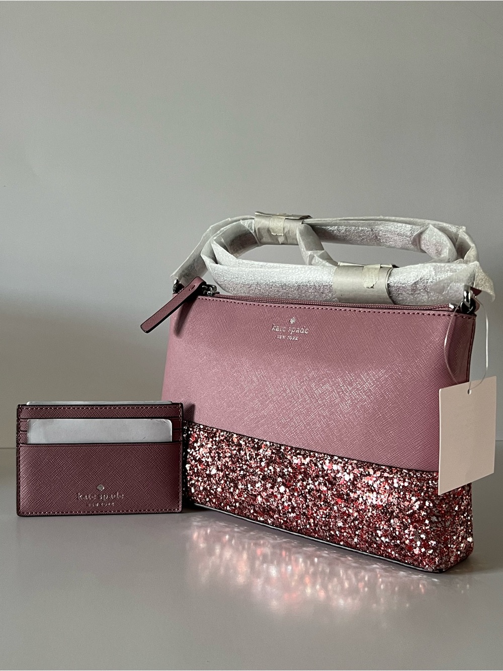 kate spade Pink Glitter Panel Crossbody with Matching Card Holder